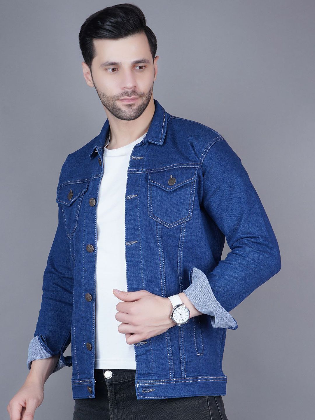 LINARIA Men Spread Collar Solid Casual Denim Jacket