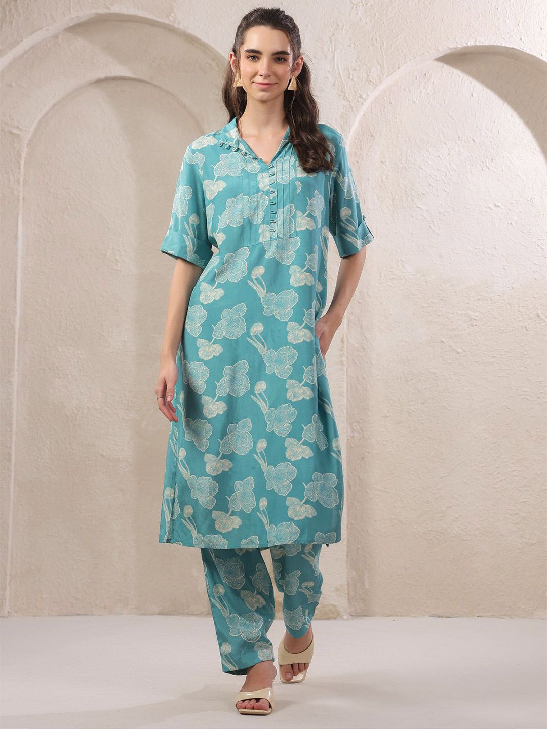 Tunic With Trousers Co-Ords JISORA Printed V Neck Cotton Tunic With Trousers Co-Ords
