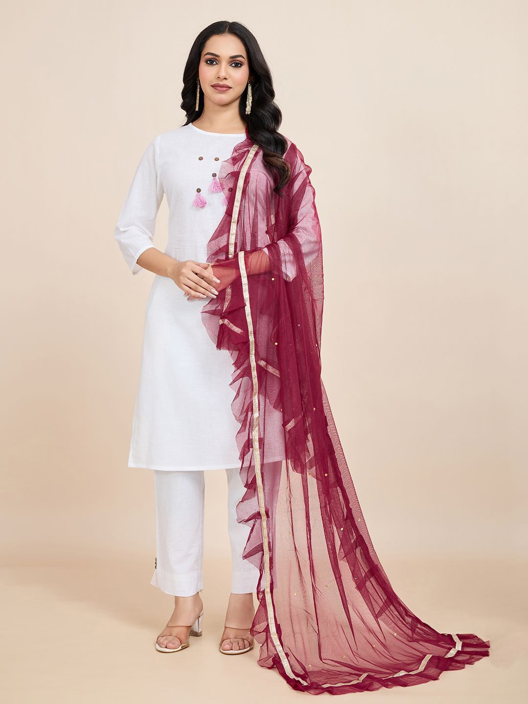 House of Pataudi Geometric Embroidered Frill-Detail Net Dupatta With Sequinned