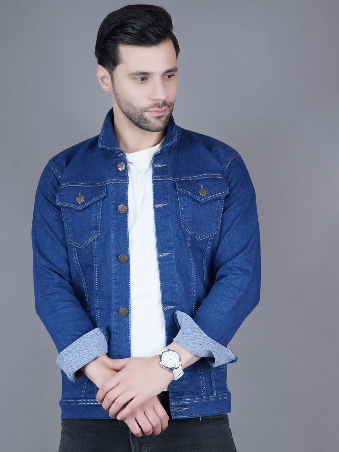 LINARIA Men Spread Collar Solid Casual Denim Jacket