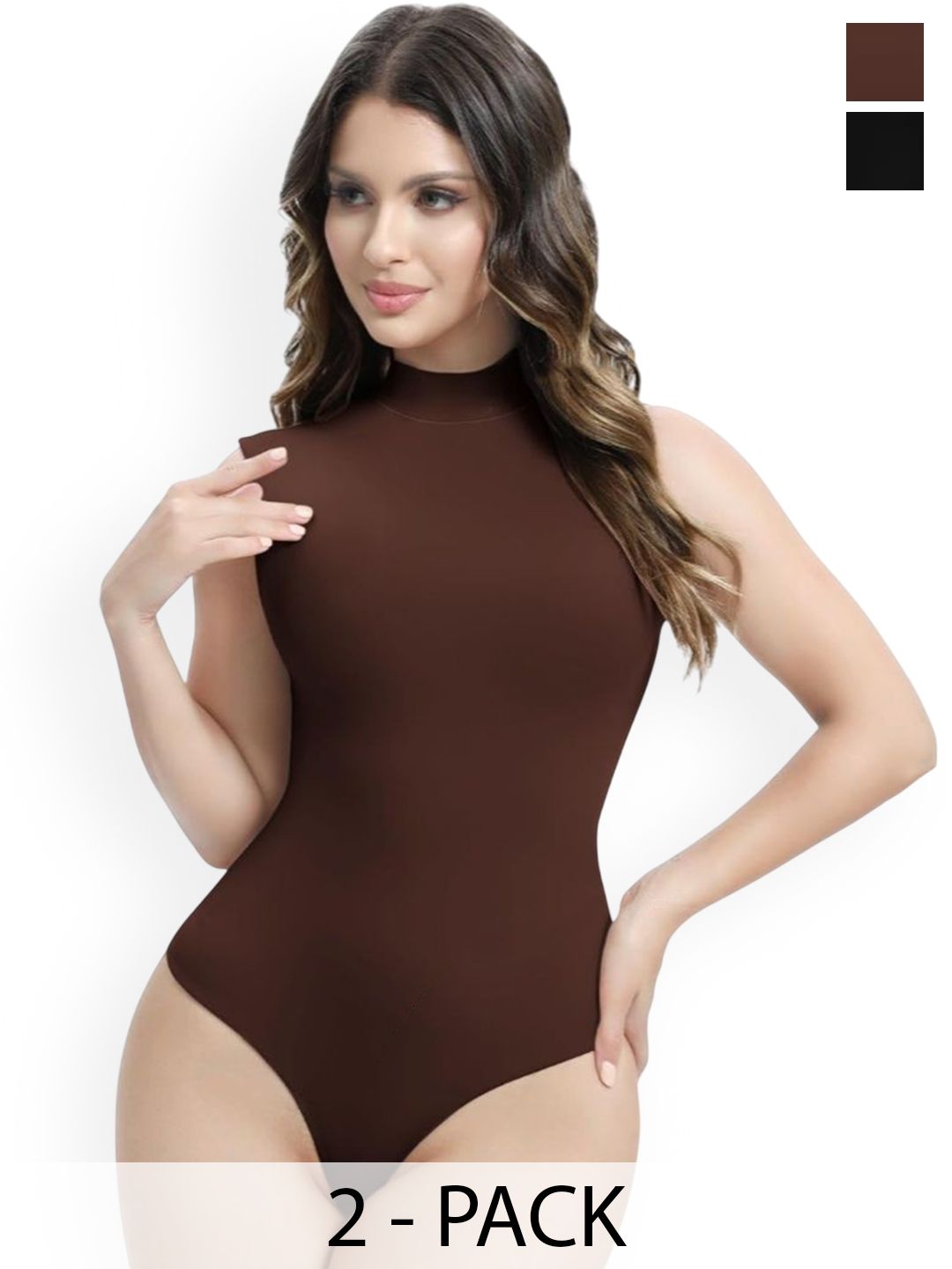 ZEROZABAR Wmen Pack Of 2 Sleeveless High Neck Thong Bodysuits