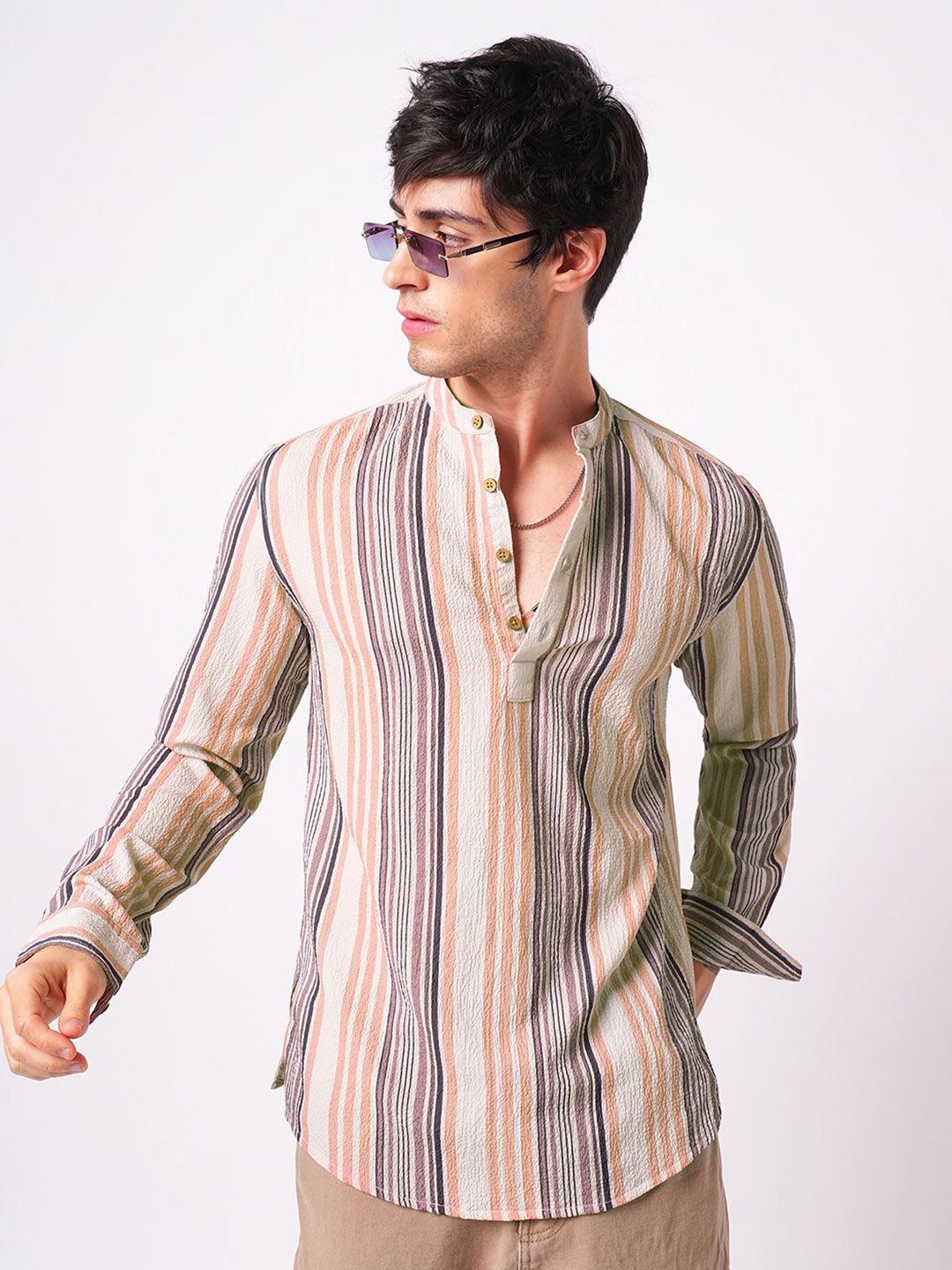 VASTRADO Men Multicolour Crinkled Striped Kurta