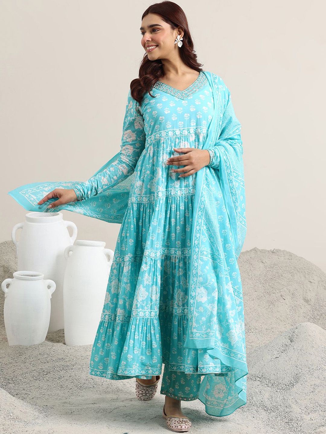 Libas Libas Womens Blue Printed Cotton Anarkali Kurta With Trousers & Dupatta