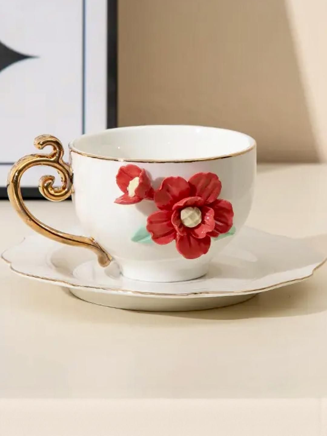 peppy little things White & Red Floral Textured Ceramic Glossy Cups