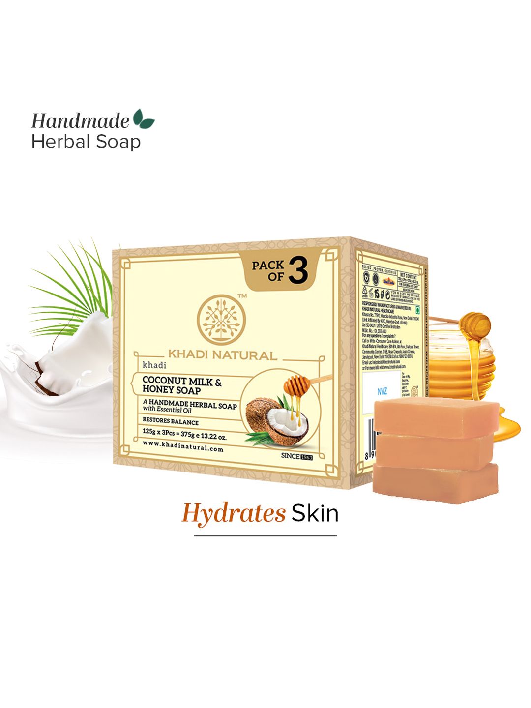 Khadi Natural Set of 3 Coconut Honey Soap Nourish Skin - 125 g each