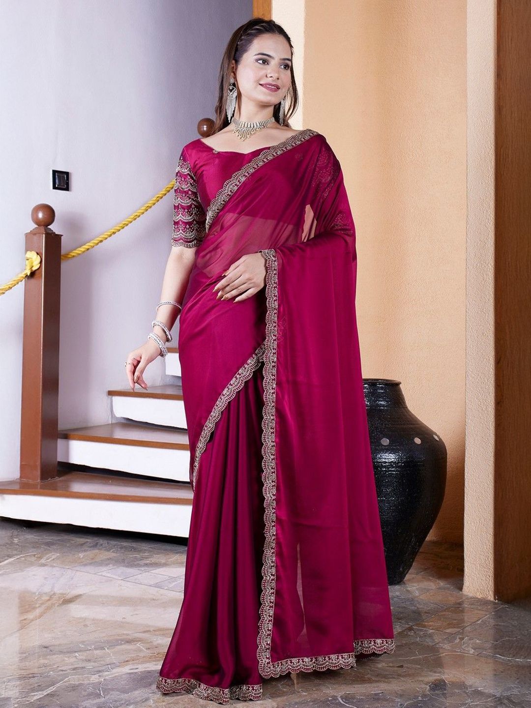 K 5 Fashion Embellished Beads and Stones Pure Chiffon Saree