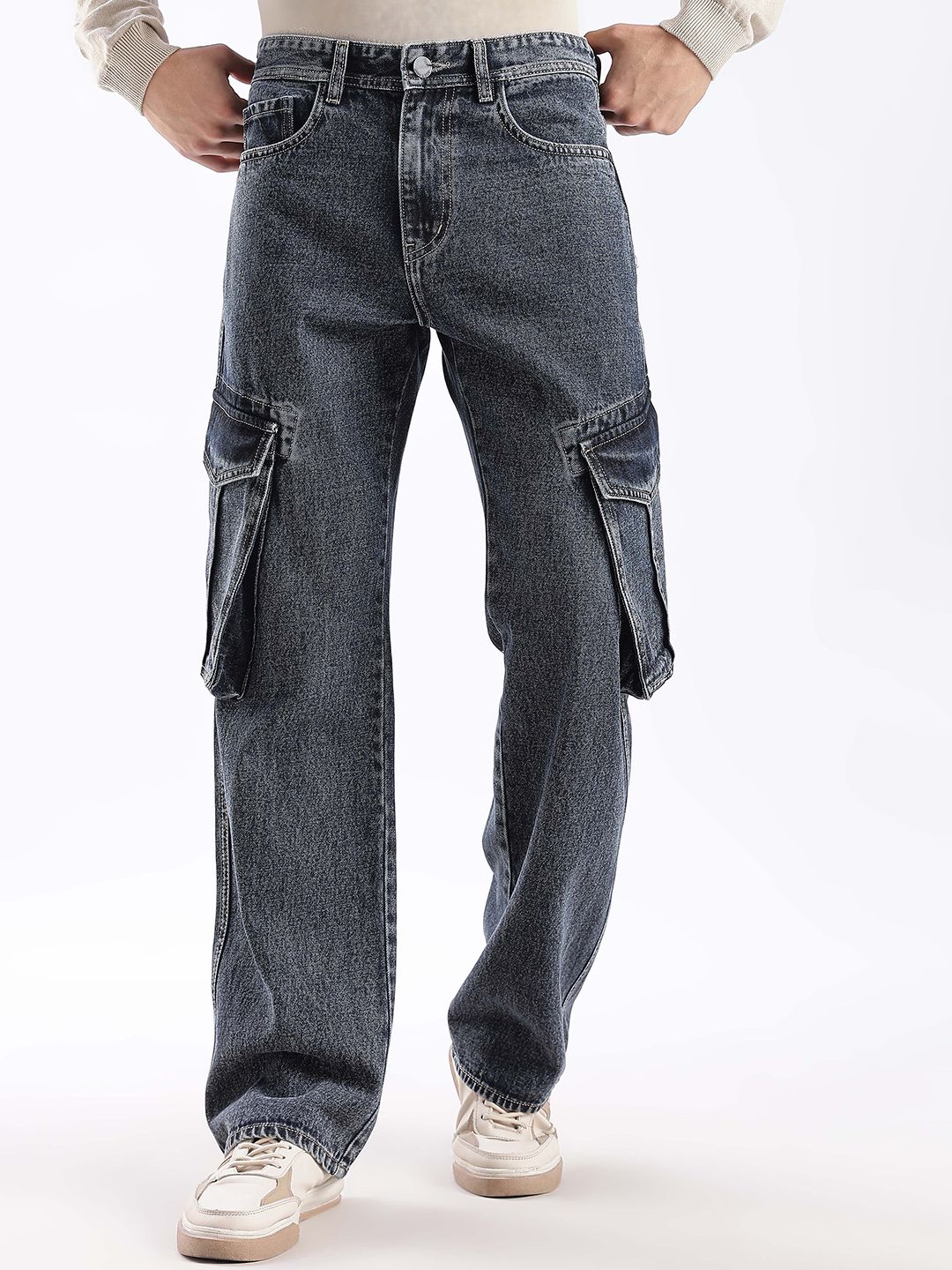 HERE&NOW Men Cargo Mid-Rise Baggy Jeans