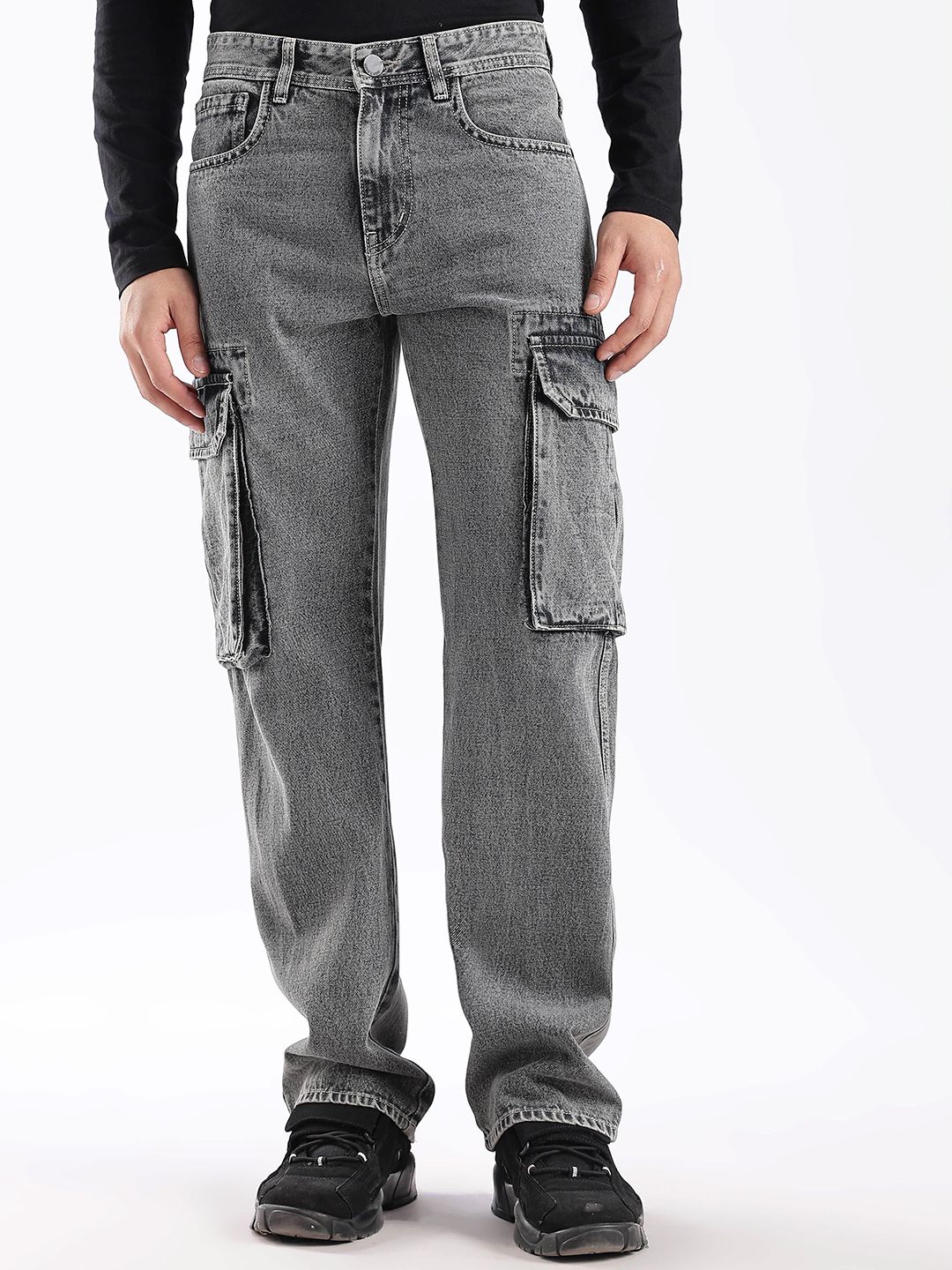 HERE&NOW Men Baggy Fit Mid-Rise Cargo Jeans