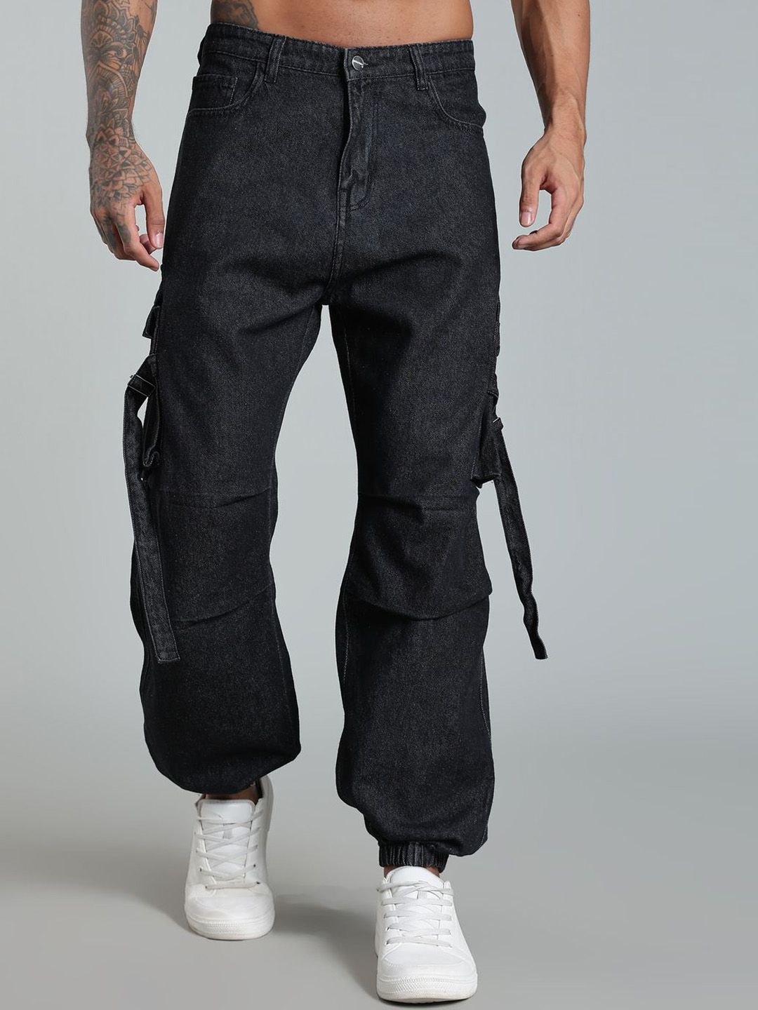 FOUL CHILD Men Cotton Baggy High-Rise Light Fade Cargo Jeans