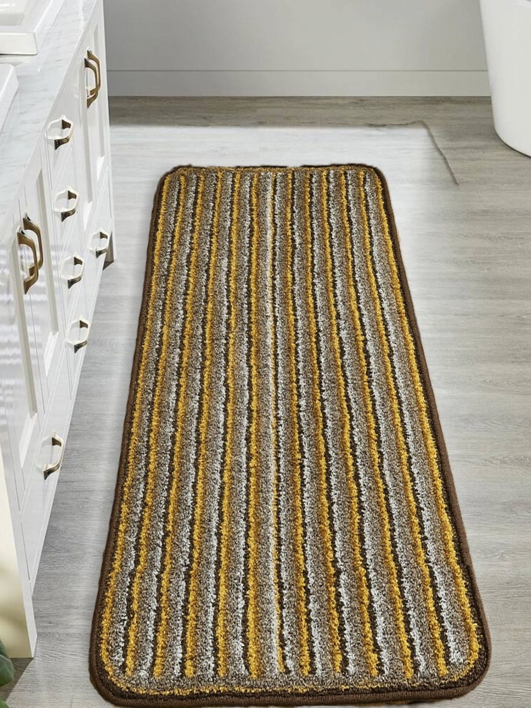 AaHo Decor Brown & Green Striped Anti-Slip Microfiber Floor Runner