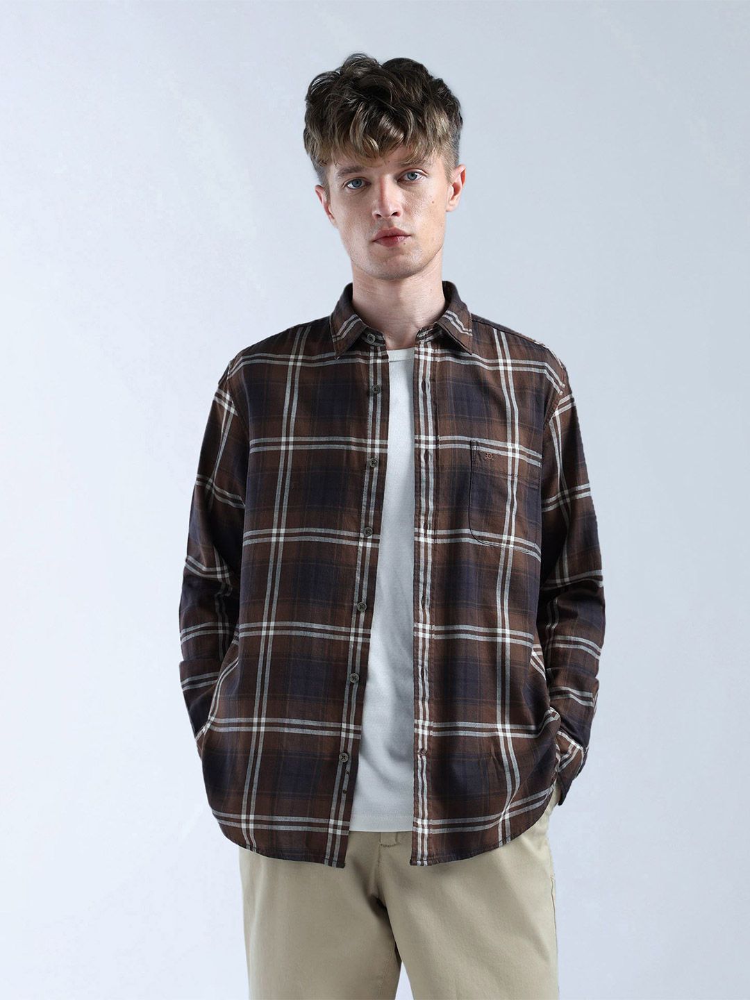 Flying Machine Men Buffalo Checked Spread Collar Pure Cotton Casual Shirt