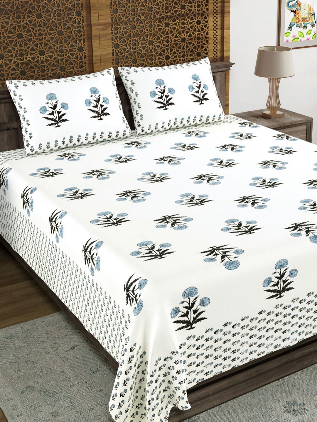 Sangria Sangria White & Blue Printed 210 TC Double Bedsheet With 2 Pillow Covers- 2.7 m x 2.2 m