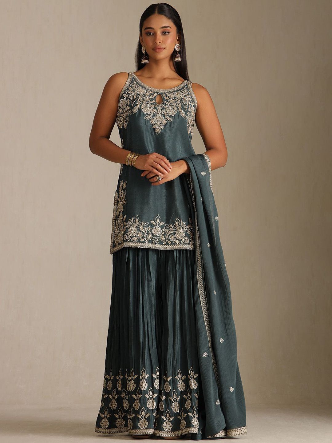 Women Embroidered Kurta Set Soch Women Ethnic Motifs Embroidered Kurta with Sharara & Dupatta