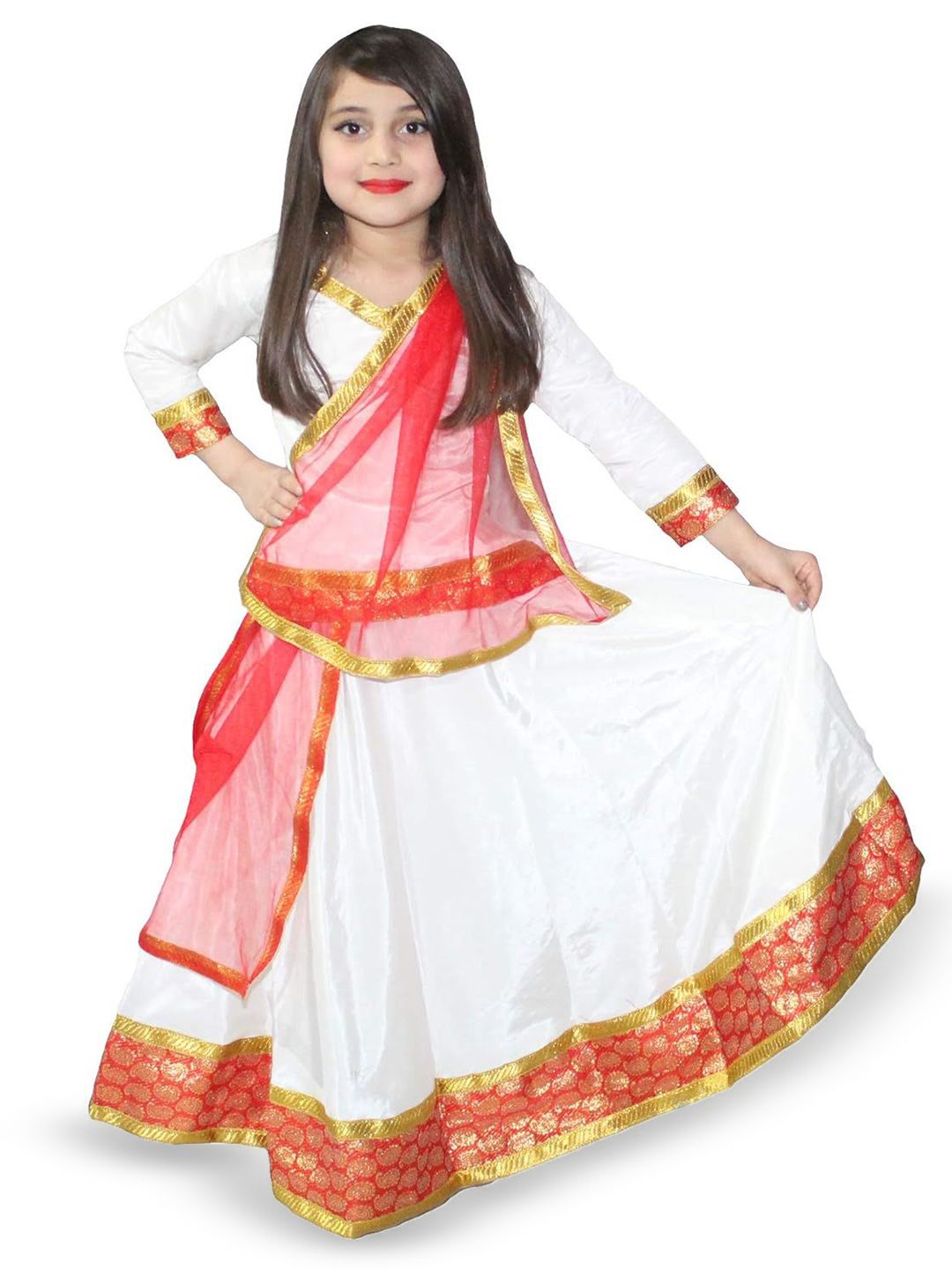 Kaku Fancy dresses Girls V-Neck Kathak Lehenga With Top & Dupatta