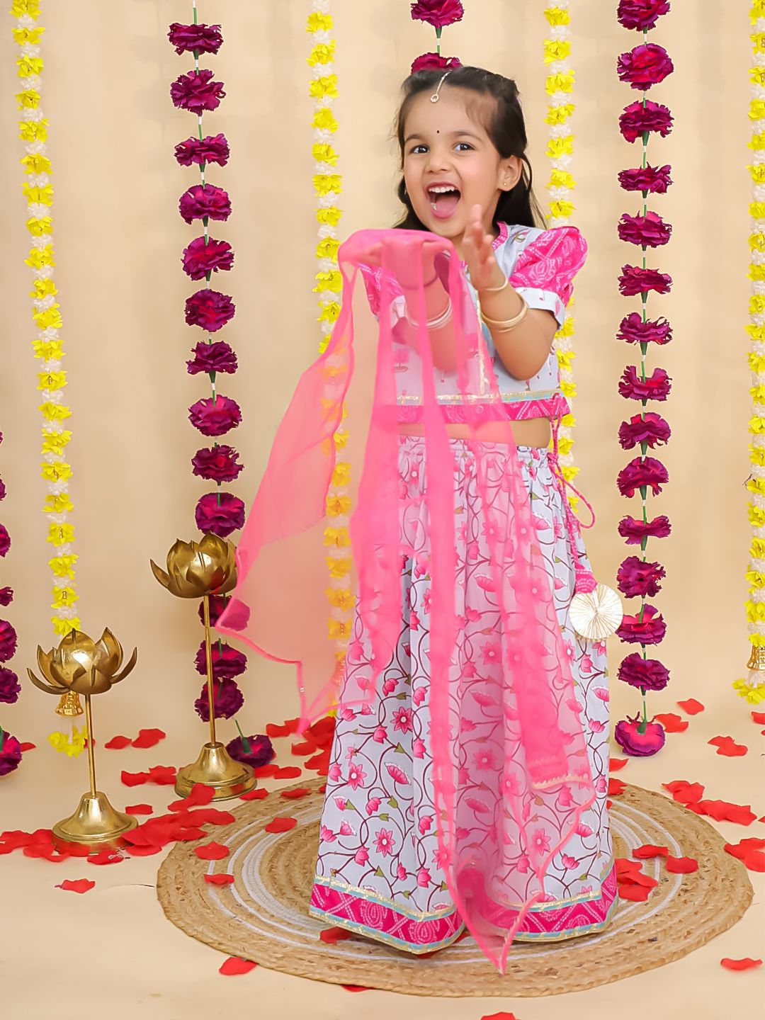 BownBee Girls Floral Gotta Patti Pure Cotton Ready To Wear Lehenga & Choli With Dupatta