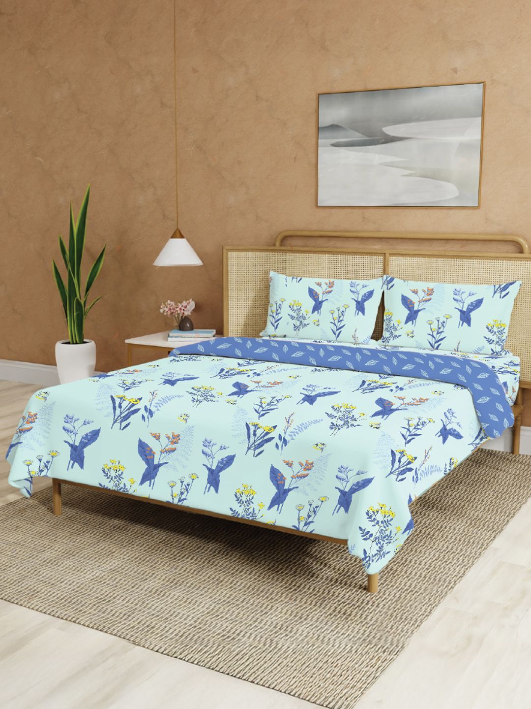 URBAN SPACE Blue & Yellow 4 Pieces Floral Cotton Double Queen Superfine Bedding Set