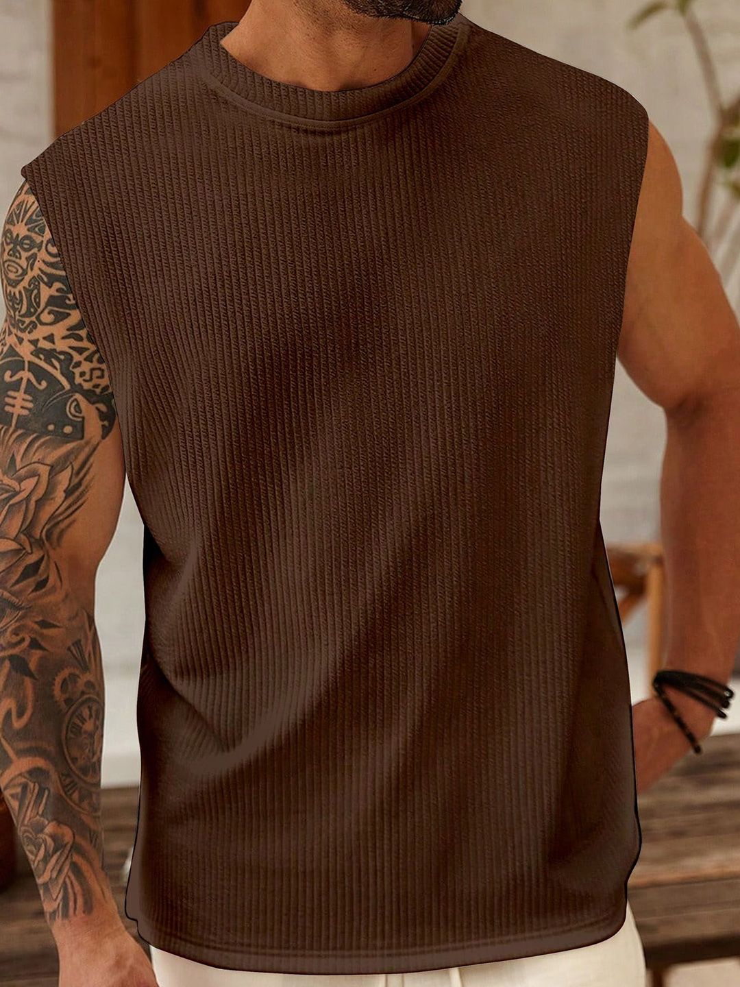 KAJARU Self Design Round Neck Tank Vest VESTCNTRS-4102-COFFEE-M