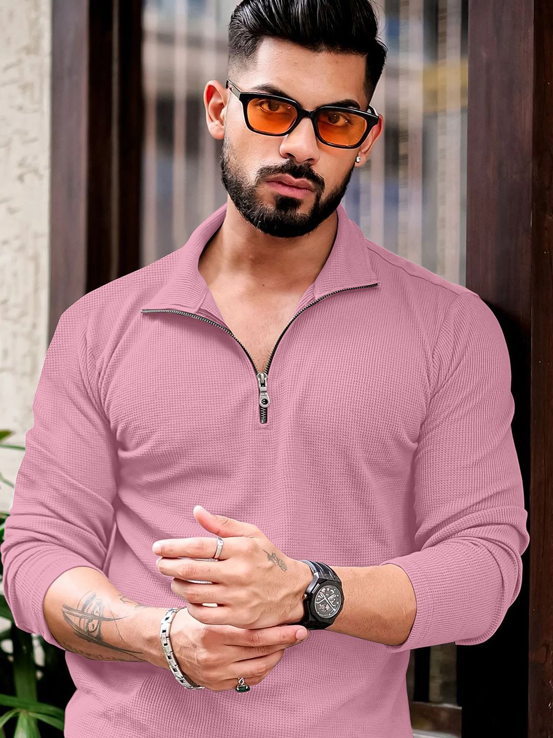 KAJARU Self Design Polo Collar Long Sleeves T-shirt
