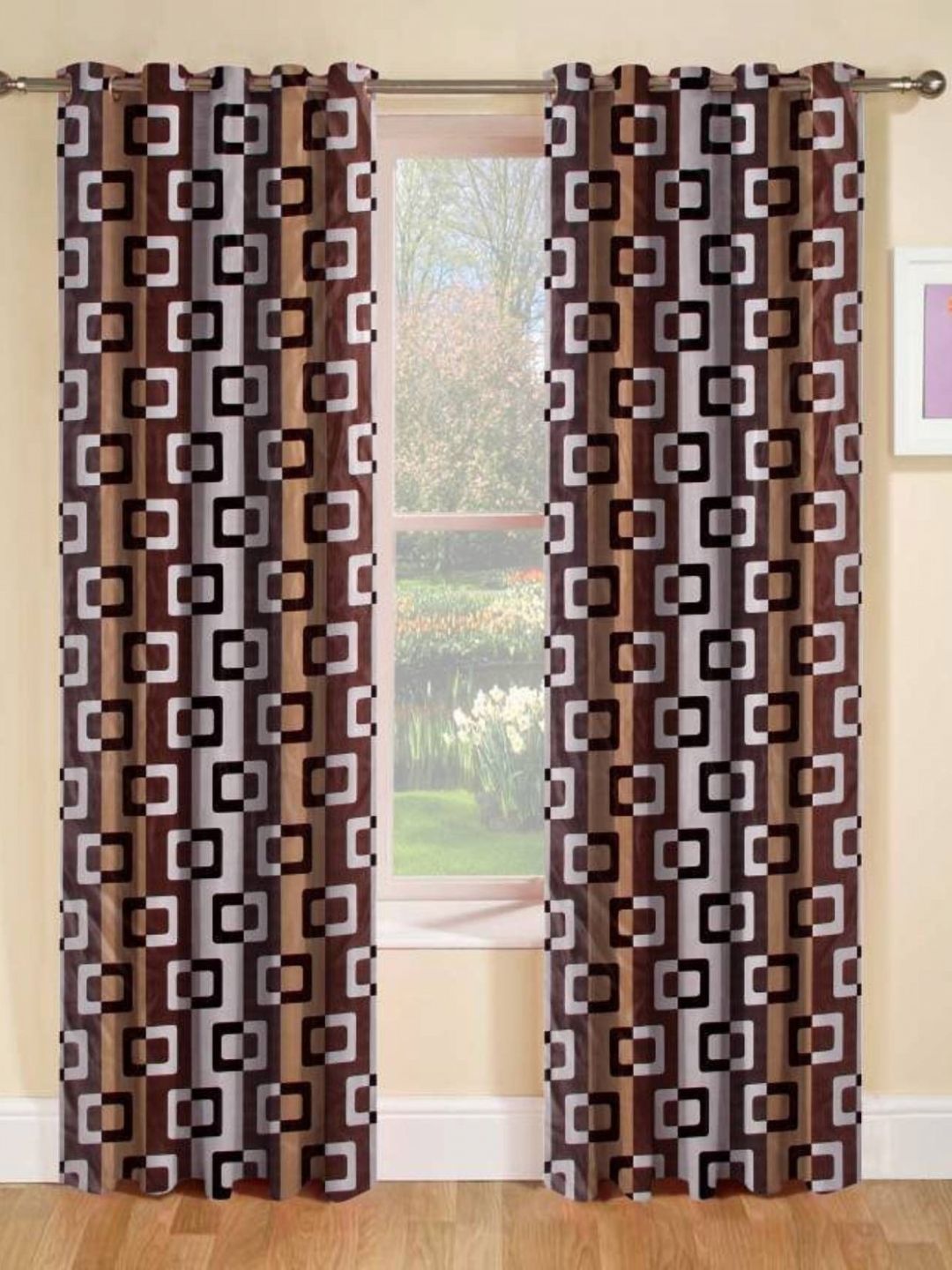 BELLA TRUE Brown & White 2 Pieces Geometric Long Door Curtains