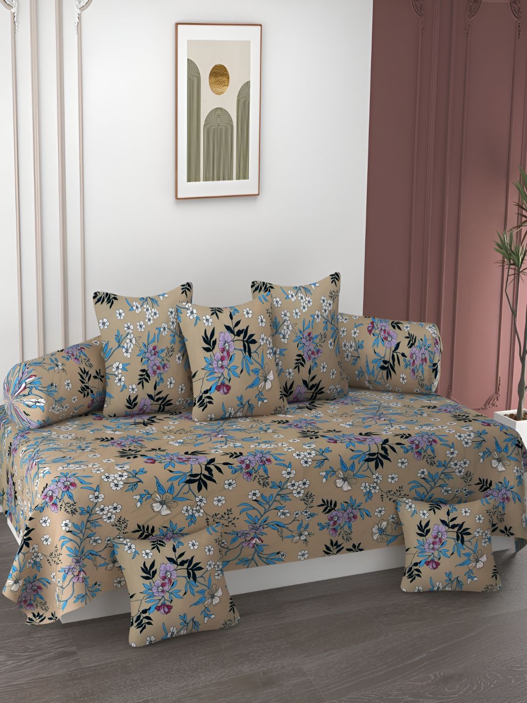 AMRANGE Brown & Blue 8 Pieces Floral Printed Diwan Set