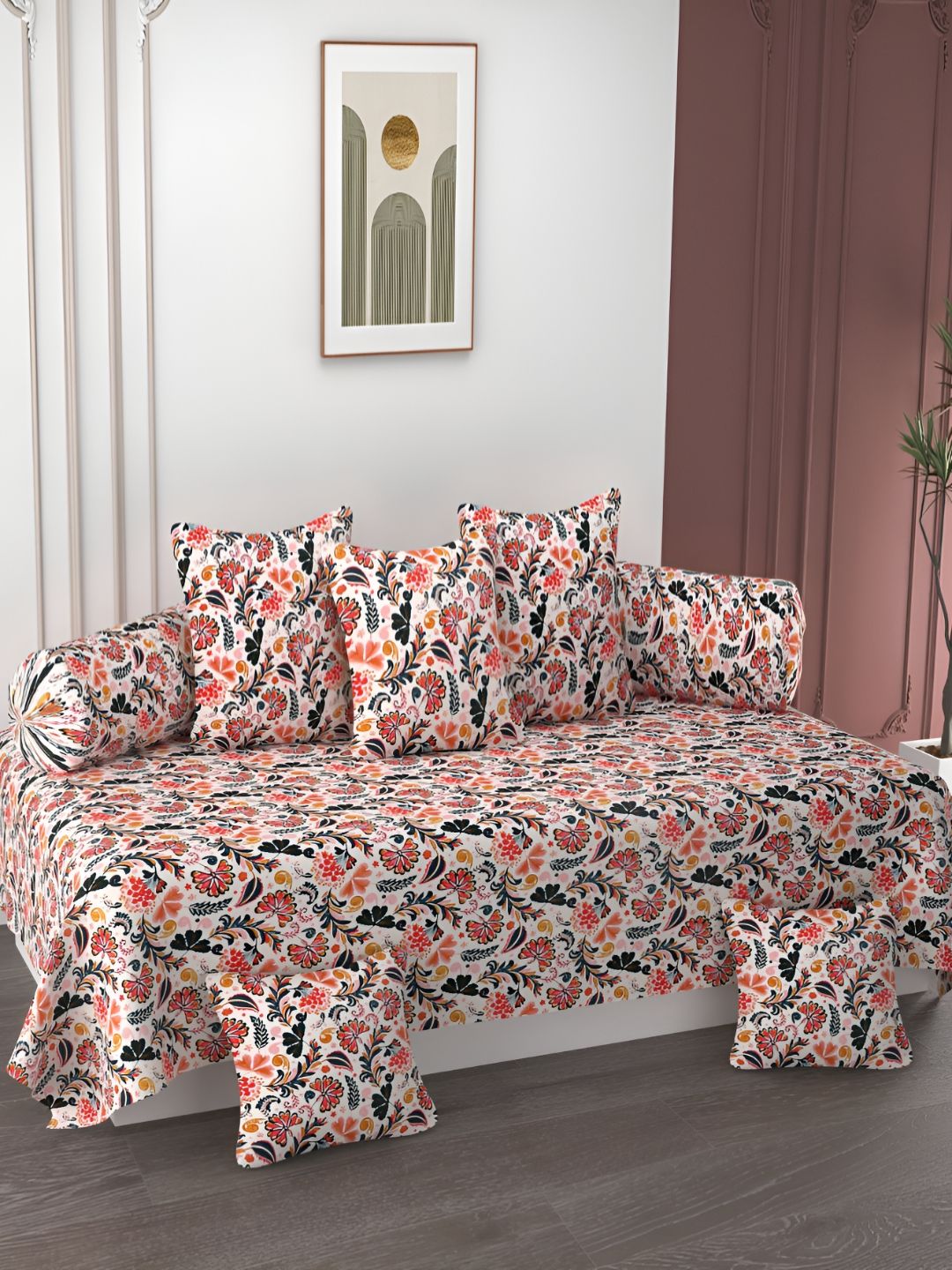AMRANGE White & Red 8 Pieces Floral Printed Bedsheet with Bolster and Cushion Covers