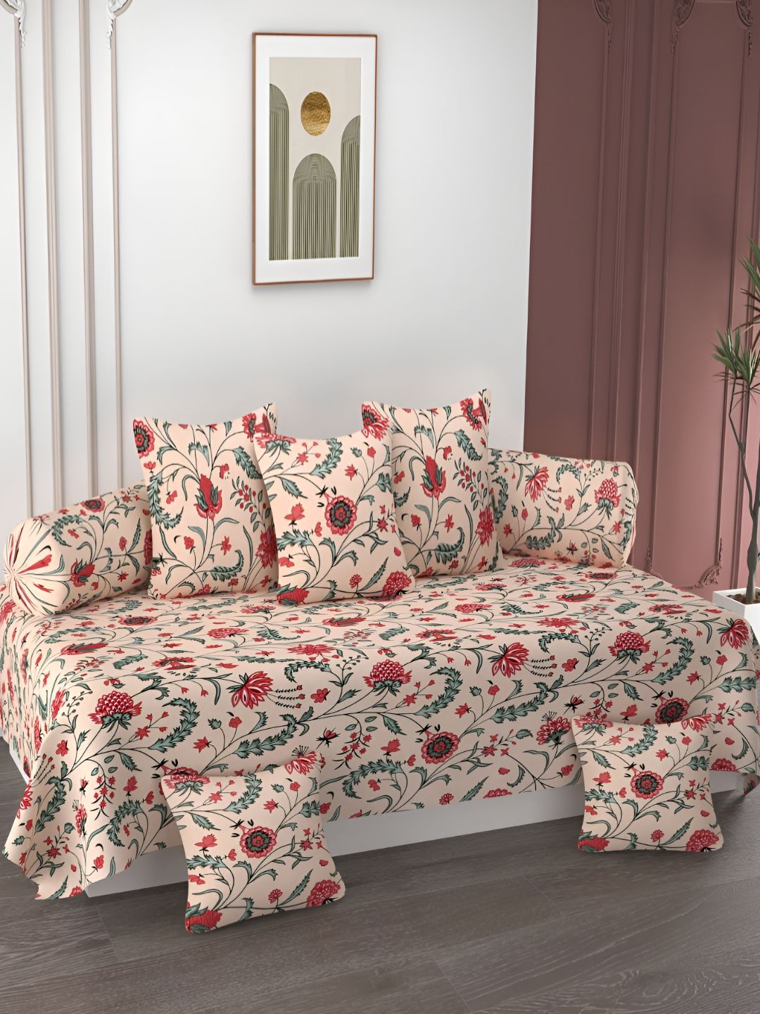 AMRANGE Set Of 8 Floral Printed Diwan Set