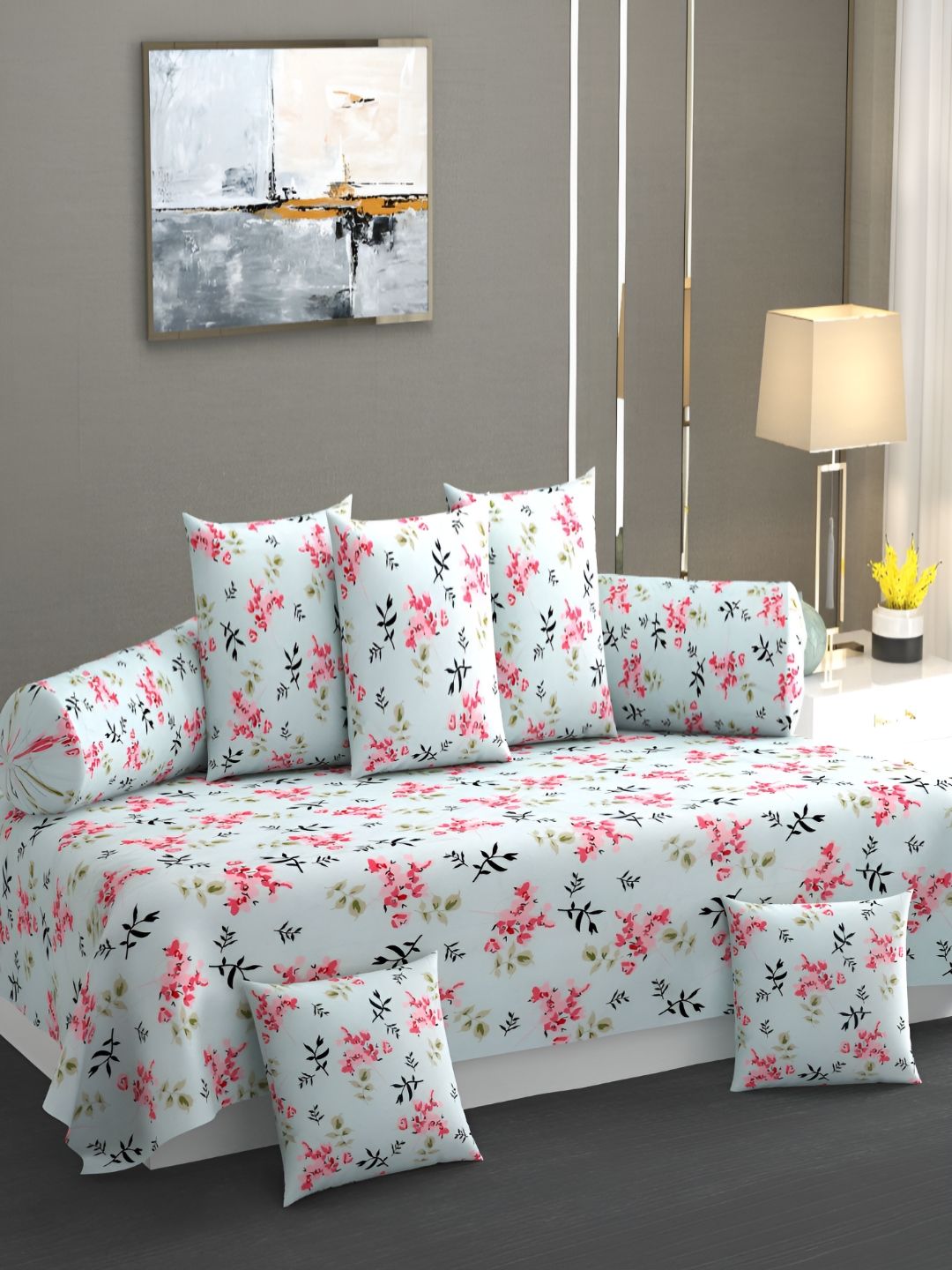 AMRANGE Blue & Pink 8 Pieces Floral Printed Bedsheet with Bolster and Cushion Covers