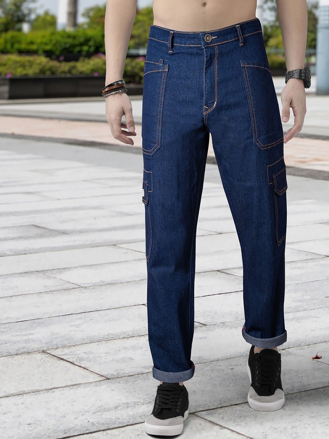 RIG BONE Men Loose Relaxed Fit Mid-Rise Light Fade Stretchable Cargo Styles Jeans