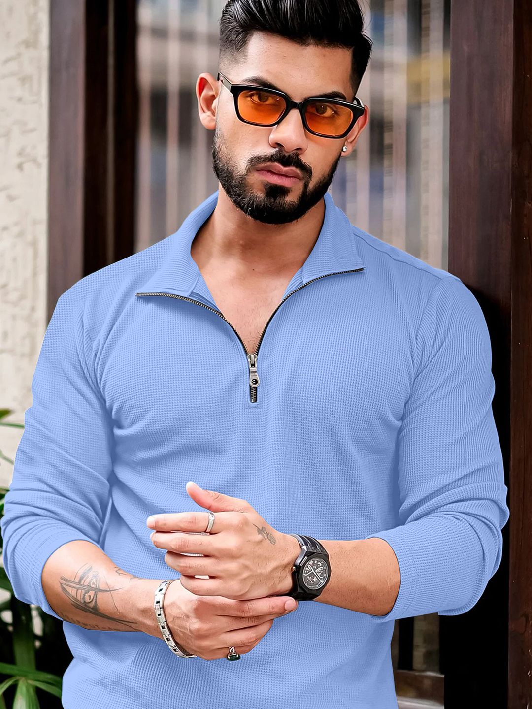 KAJARU Self Design Polo Collar Long Sleeves T-shirt