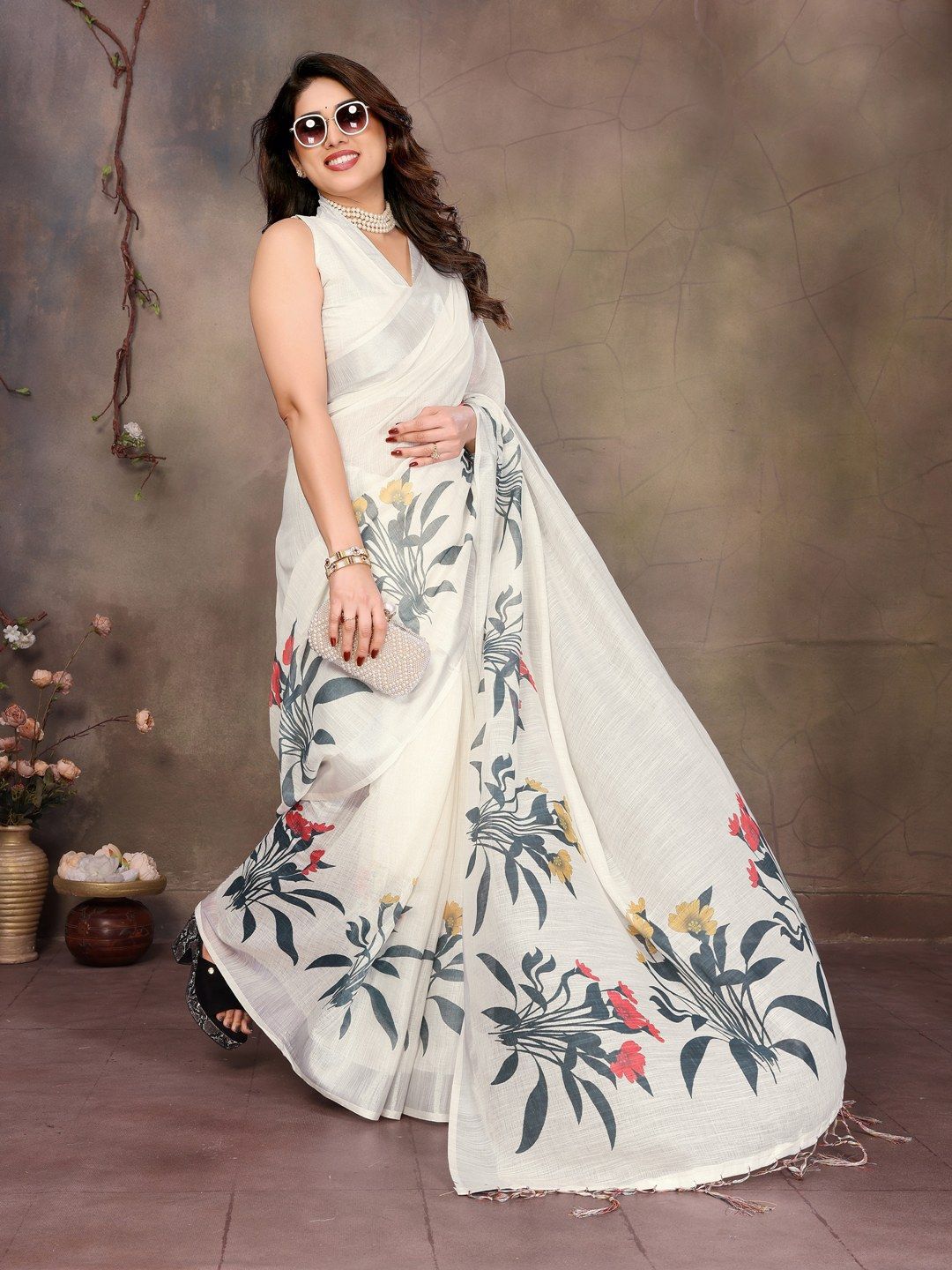 Shriyangan Floral Block Print Zari Pure Linen Saree