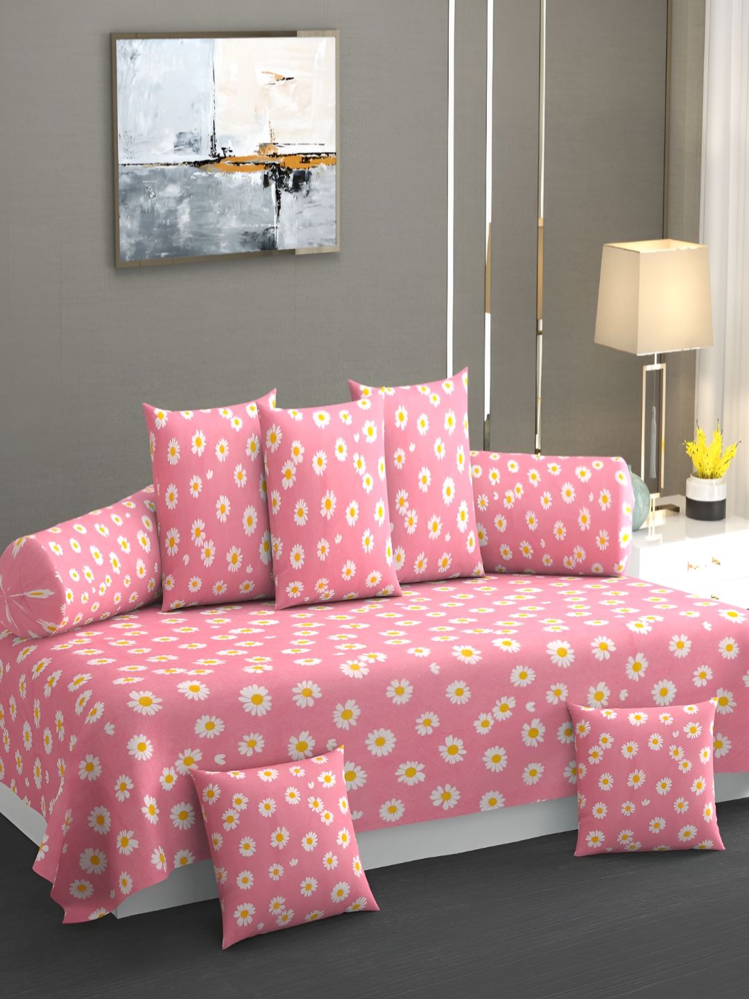 AMRANGE Pink & White 8 Pieces Floral Printed Bedsheet with Bolster and Cushion Covers