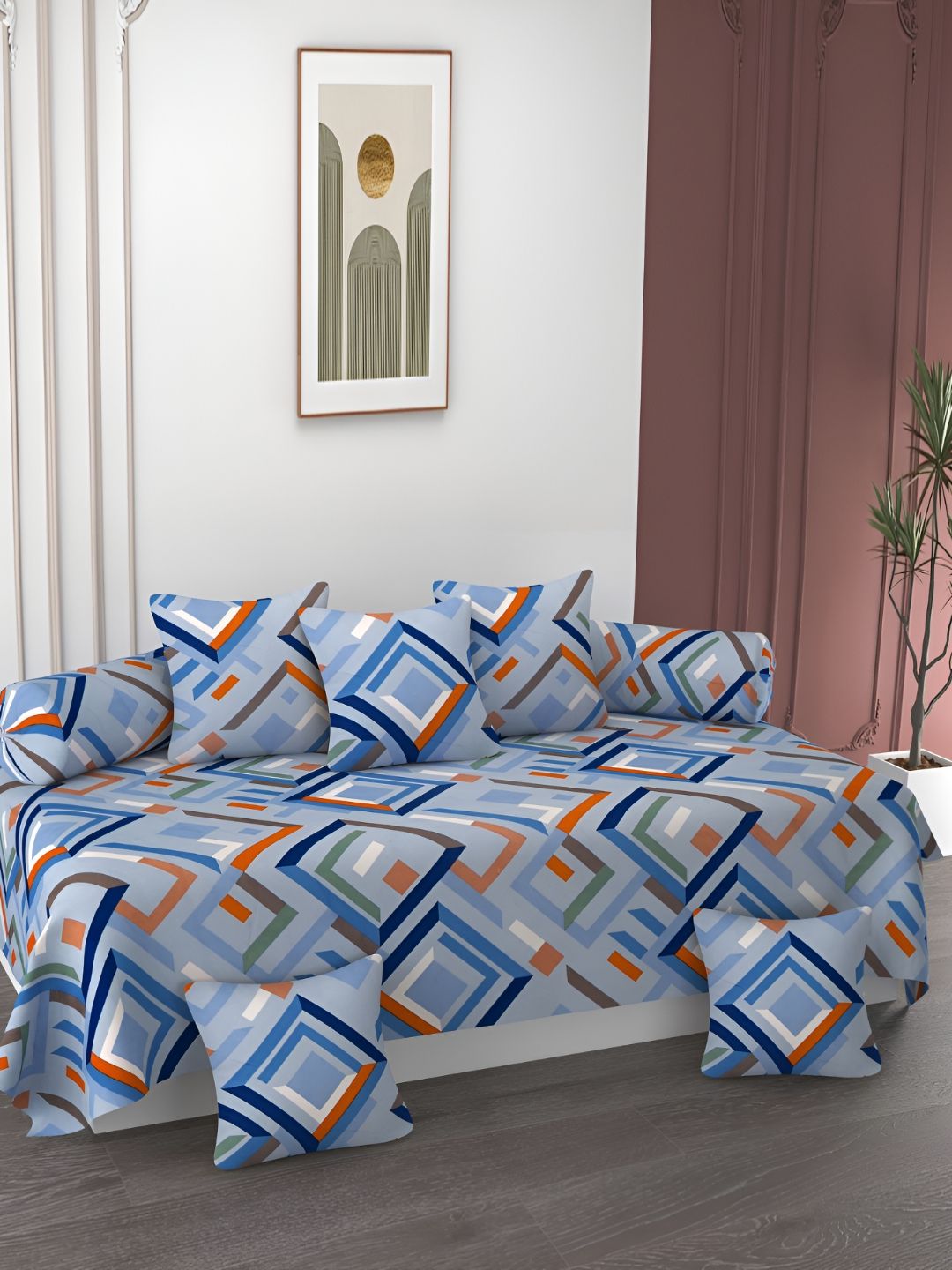 AMRANGE Set Of 8 Geometric Printed Diwan Set