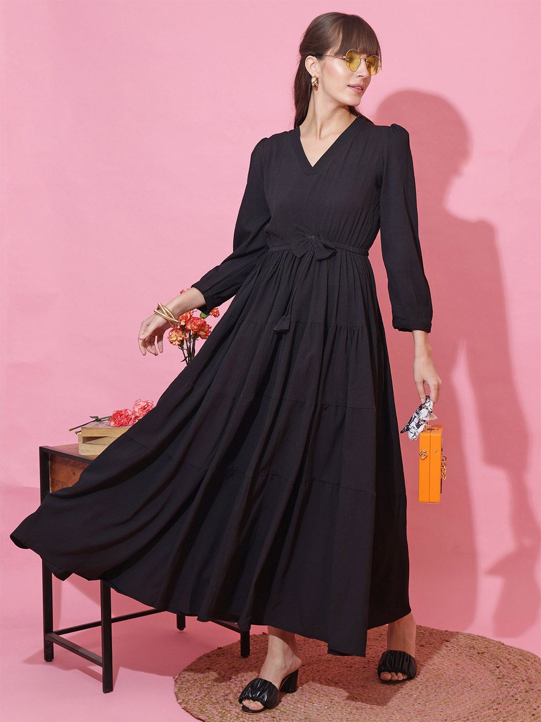 Buy Krunal Raiyani Women V-Neck Tiered Fit & Flare Maxi Dress