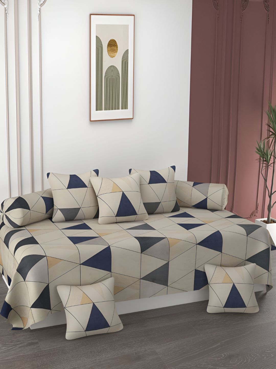 AMRANGE 8Pcs Beige & Blue Geometric Printed Diwan Set