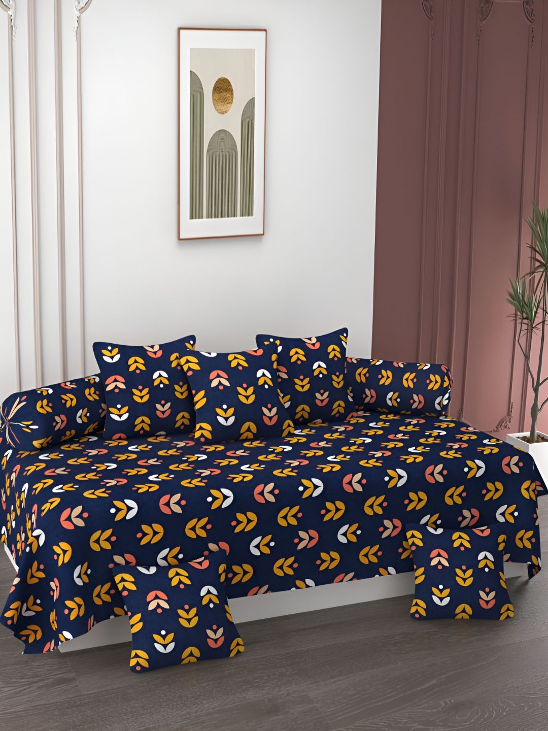 AMRANGE Navy Blue & Yellow 8 Pcs Floral Printed Bedsheet with Bolster and Cushion Covers