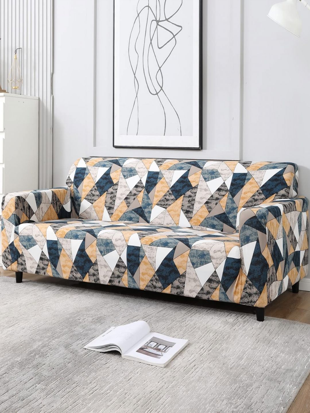 Aura Aura Grey & White Printed 3 Seater Sofa Cover