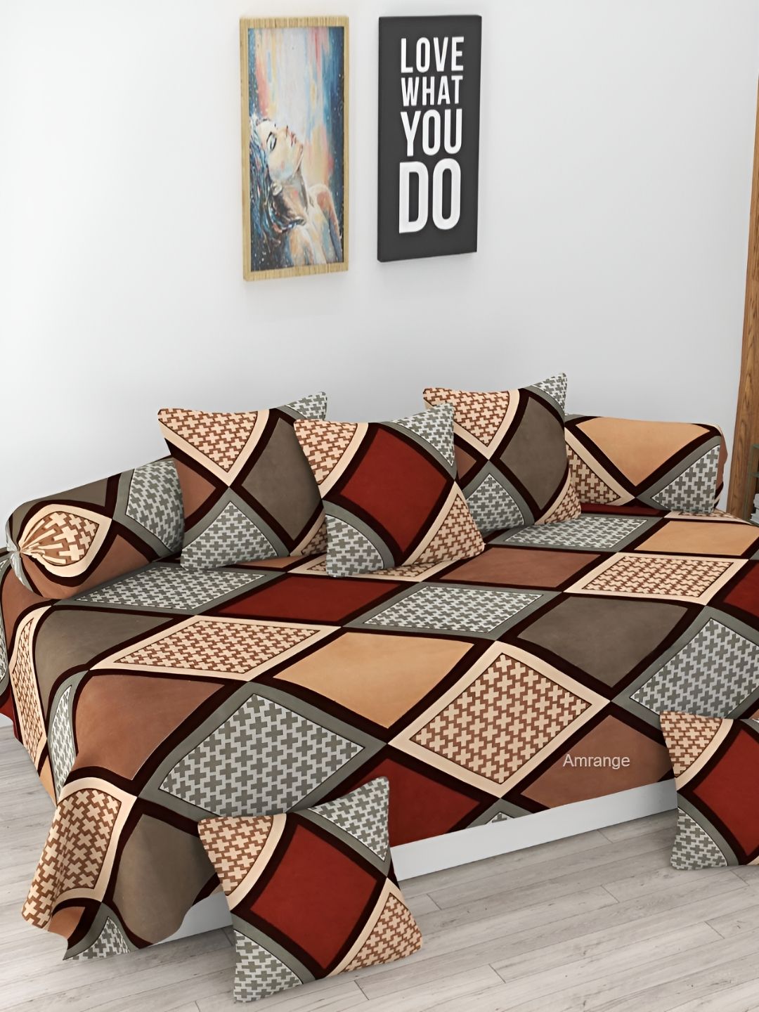 AMRANGE 8Pcs Brown & Grey Checked Diwan Set