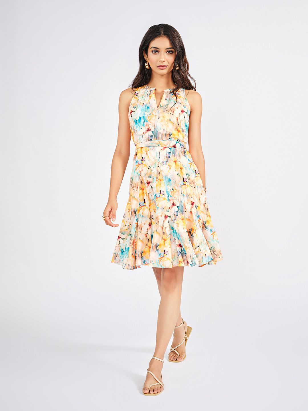 AND AND Women Floral Printed Tie-Ups Detail Fit & Flare Cotton Dress