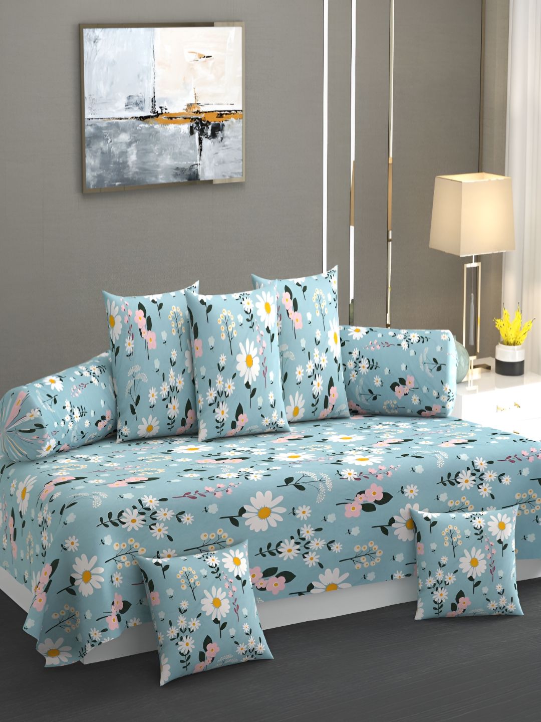 AMRANGE Blue & White 8 Pieces Floral Printed Bedsheet with Bolster and Cushion Covers