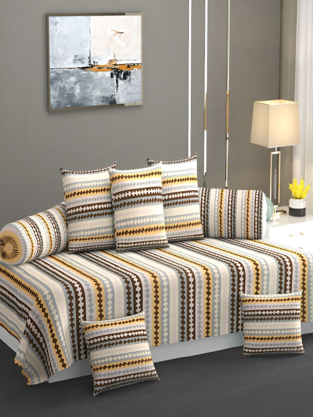 AMRANGE Off White & Grey 8 Pieces Striped Diwan Set
