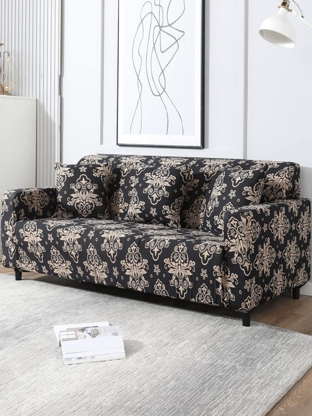 Aura Aura Black & Beige Printed 3 Seater Sofa Cover