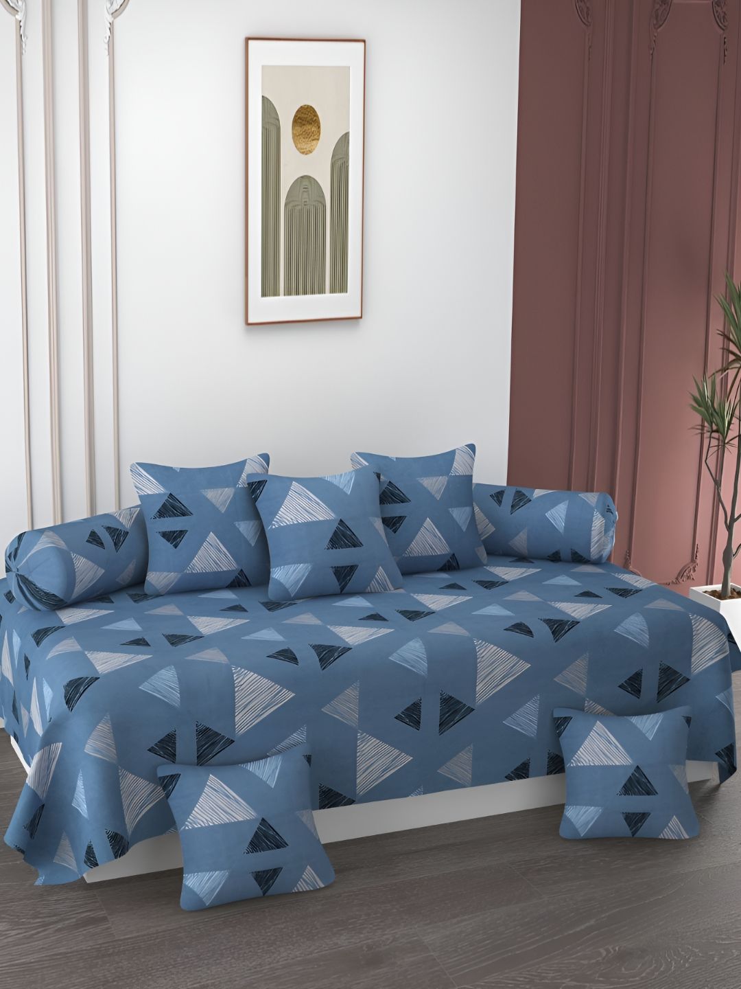 AMRANGE Blue & White 8 Pieces Geometric Printed Diwan Set
