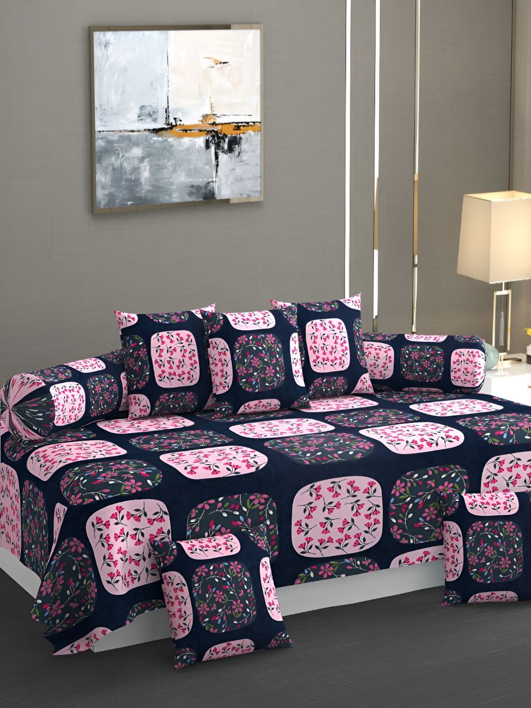 AMRANGE Navy Blue & Pink 8 Pieces Floral Printed Bedsheet with Bolster and Cushion Covers