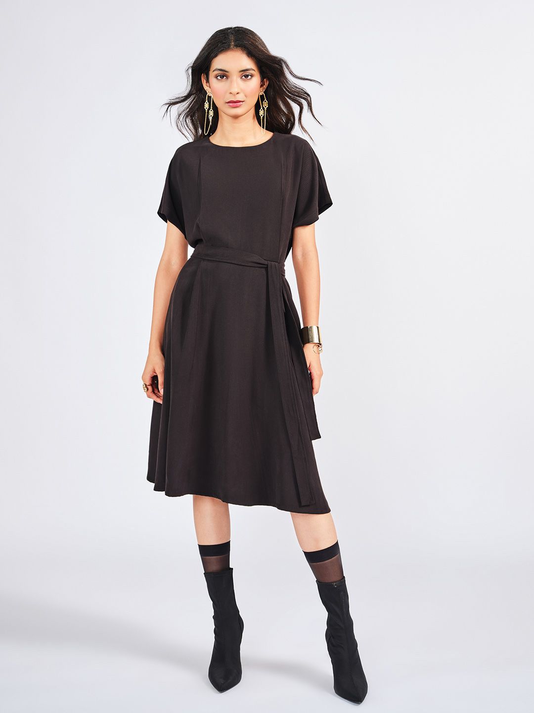 AND AND Women Round Neck Flared Sleeve Fit & Flare Dress