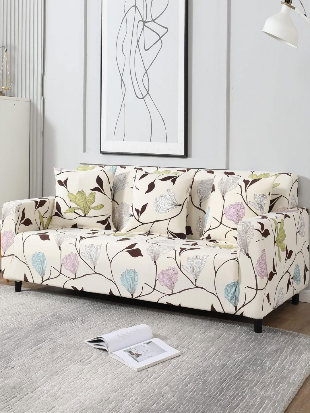 Aura Aura White & Brown Printed 3 Seater Sofa Cover