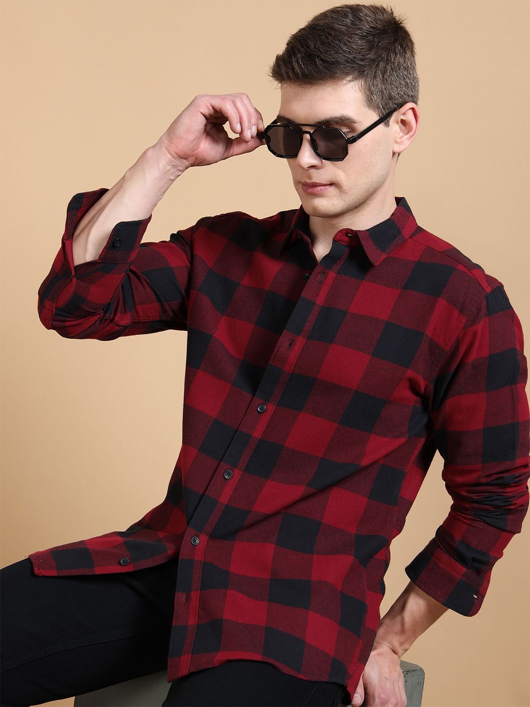 StitchX Men's Cherry Red Brushed Cotton Buffalo Checkered Shirt