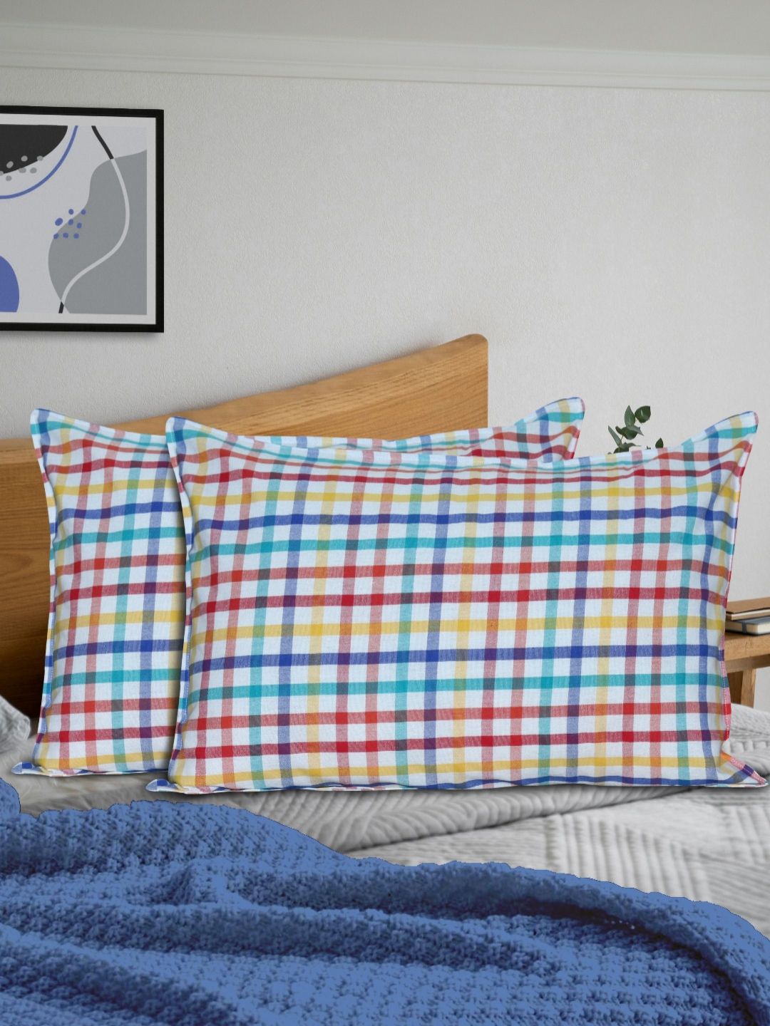 HOME COLORS.IN HOME COLORS.IN White & Blue 2 Pieces Checked Pure Cotton Rectangle Pillow Covers
