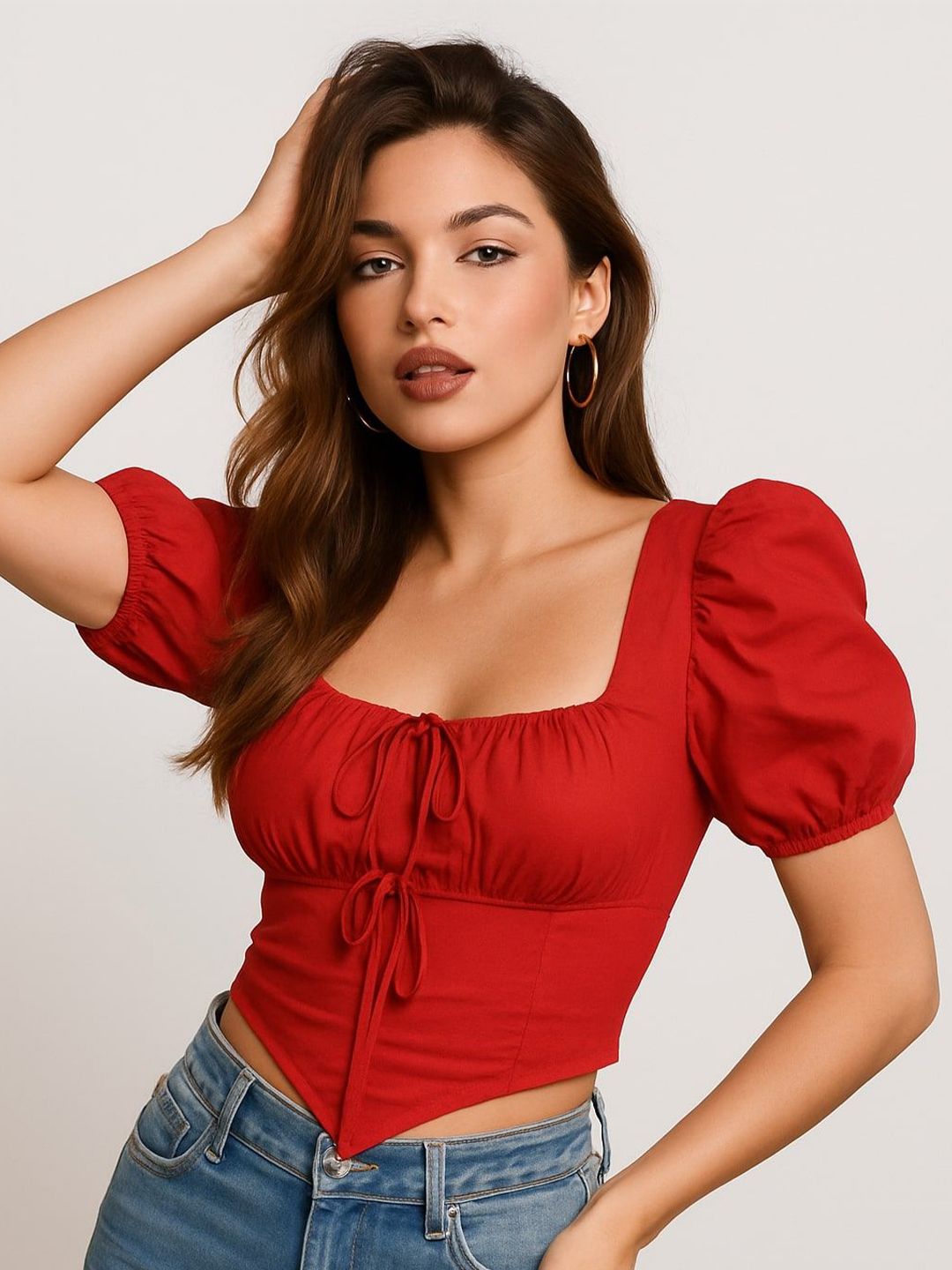 ELYRAA ELYRAA Women Square Neck Puff Sleeve Cotton Corset Crop Top
