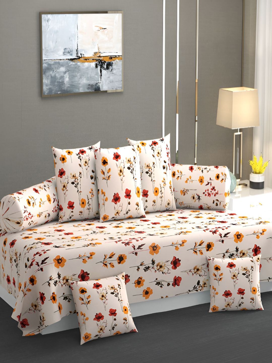 AMRANGE Off White & Red 8 Pieces Floral Printed Bedsheet with Bolster and Cushion Covers