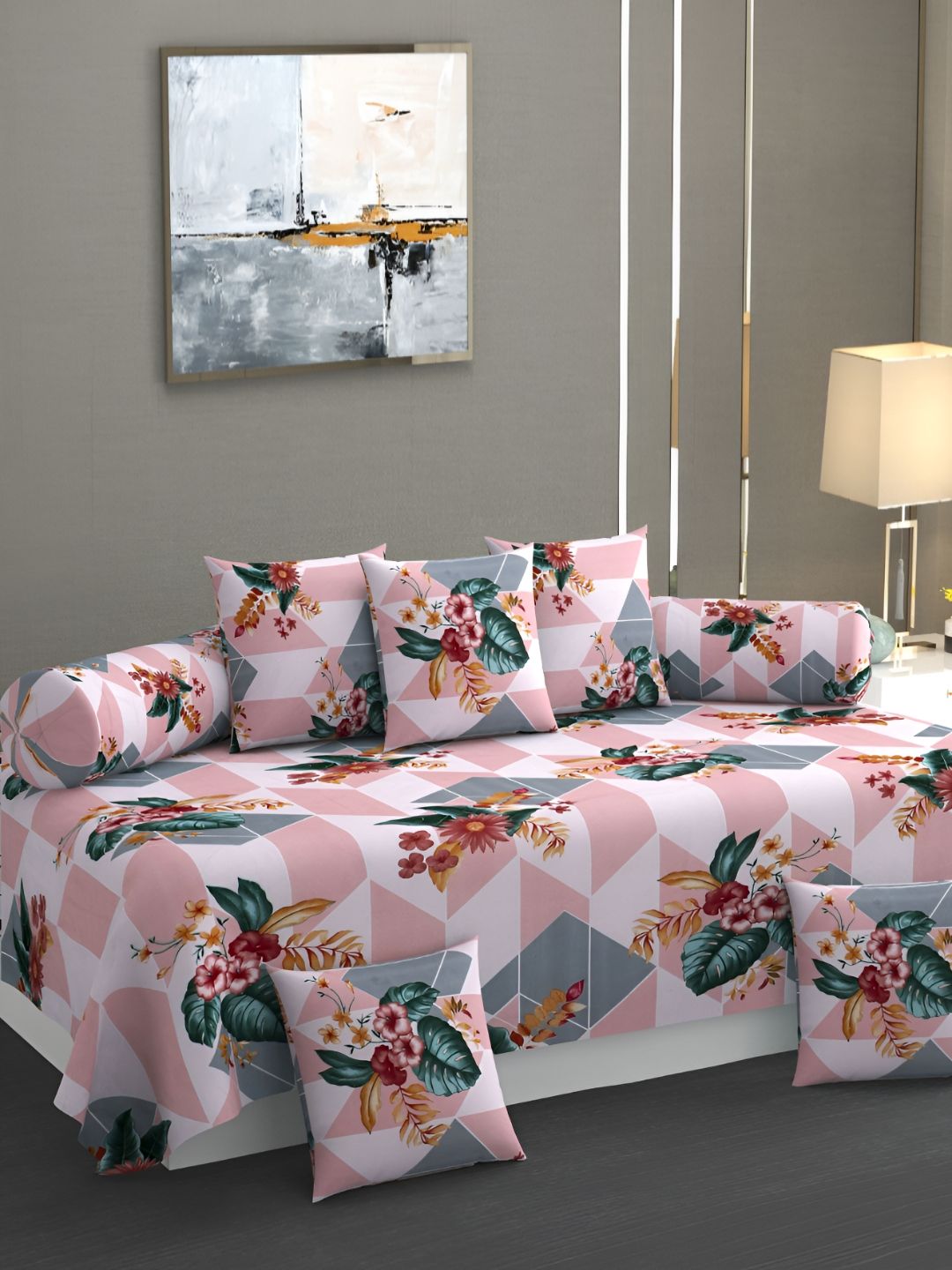 AMRANGE Pink & White 8 Pieces Floral Printed Bedsheet with Bolster and Cushion Covers